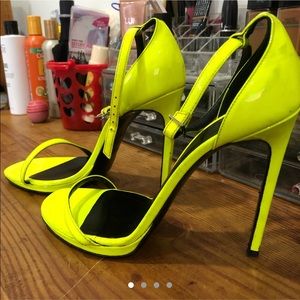 Neon Yellow YSL patent two strap sandal